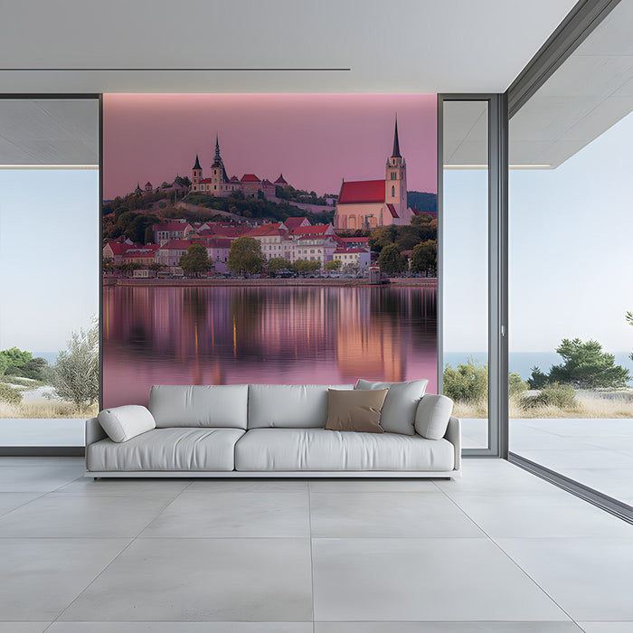Pink Cityscape by the Lake Mural Wallpaper | Romantic Elegant Decoration