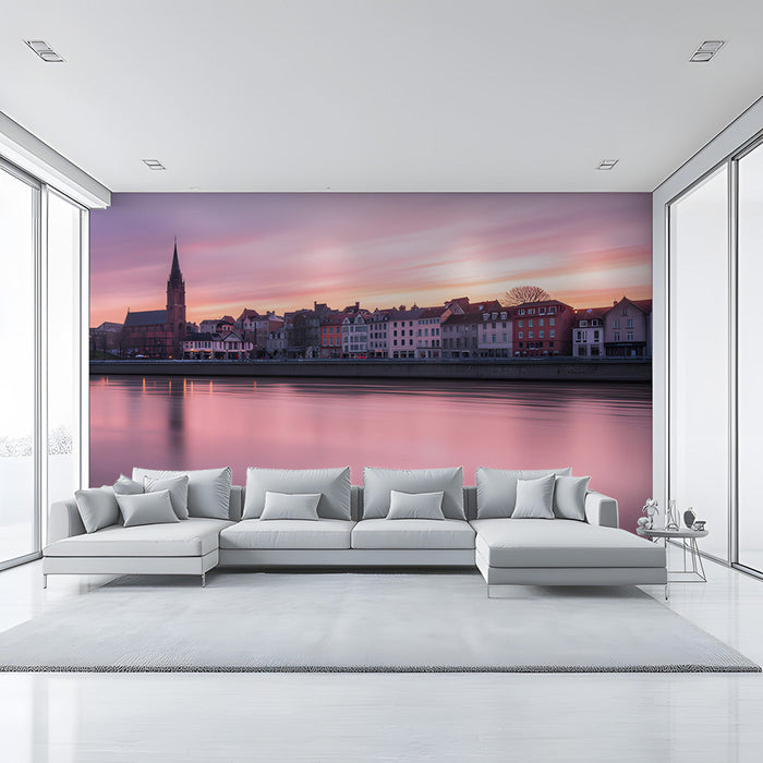 Pink Cityscape by the Lake Mural Wallpaper | Romantic Elegant Decoration