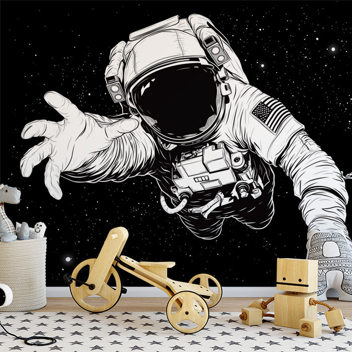 Black and White Astronaut Mural Wallpaper for a playroom | Black, White and Gray Astronaut