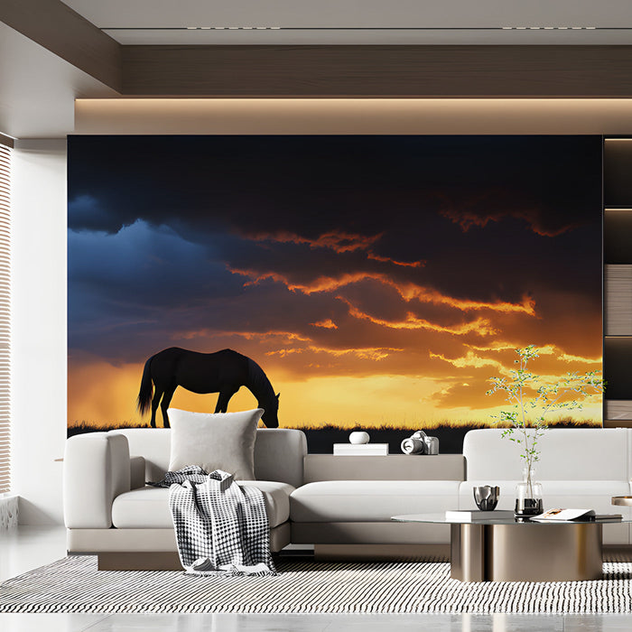 Horse in Sunset Field Mural Wallpaper | Serene Dramatic Decoration