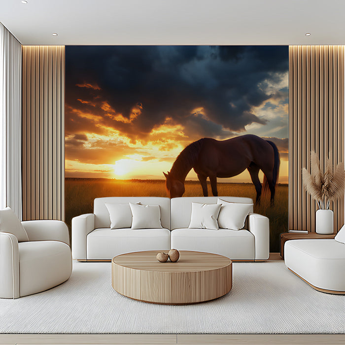 Horse in Sunset Field Mural Wallpaper | Serene Dramatic Decoration