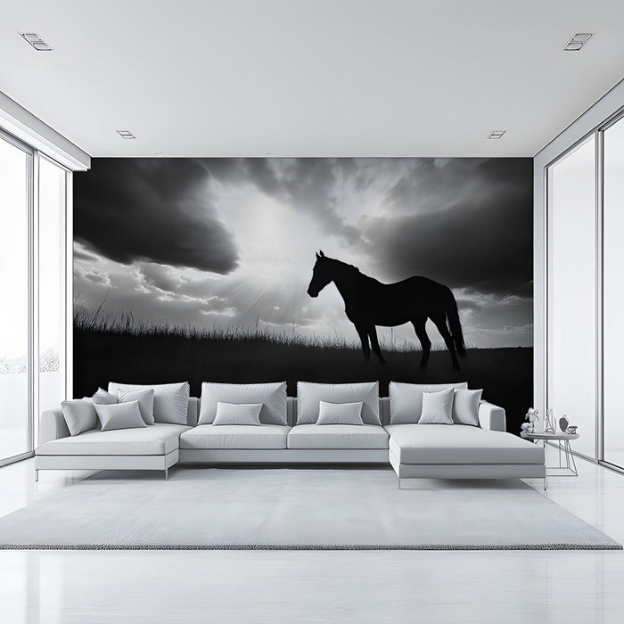 Black - and - White Horse Silhouette Mural Wallpaper | Bold Minimalist Decoration