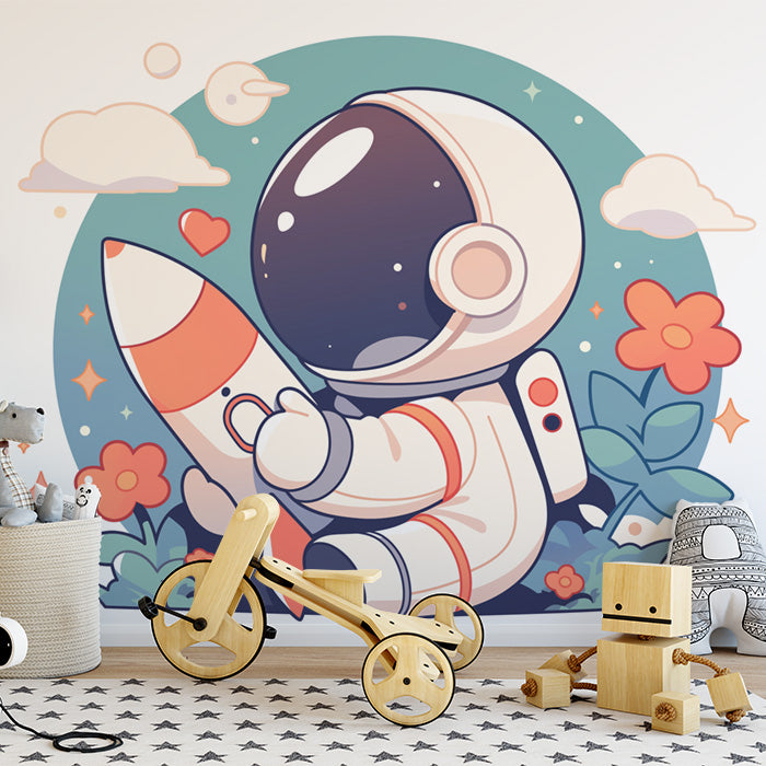 Cute Astronaut with Rocket Mural Wallpaper | Blue, Orange, White and Pink Astronaut -1