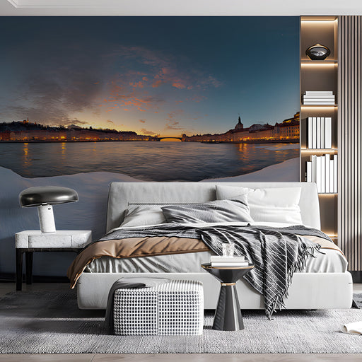 Sunset Riverbed Cityscape Mural Wallpaper | Tranquil Dramatic Decoration