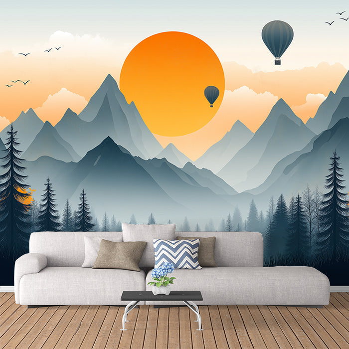 Paisaje de puesta de sol en la montaña con globos de aire caliente | Papel tapiz mural | Naranja, azul, gris y verde de la montaña
