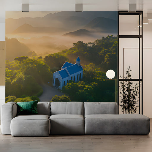 Mountain Church Misty Mural Wallpaper | Peaceful Scenic Decoration