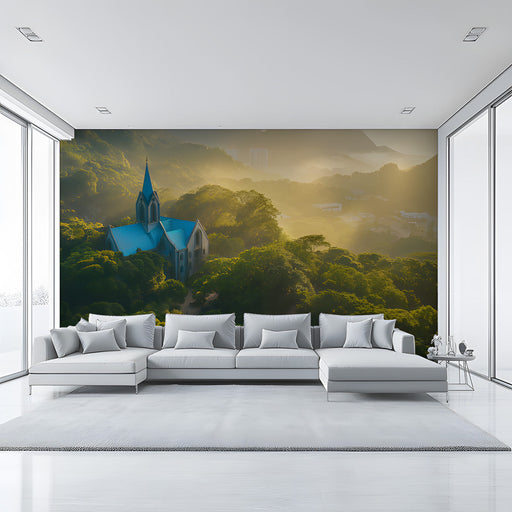 Mountain Church Misty Mural Wallpaper | Peaceful Scenic Decoration