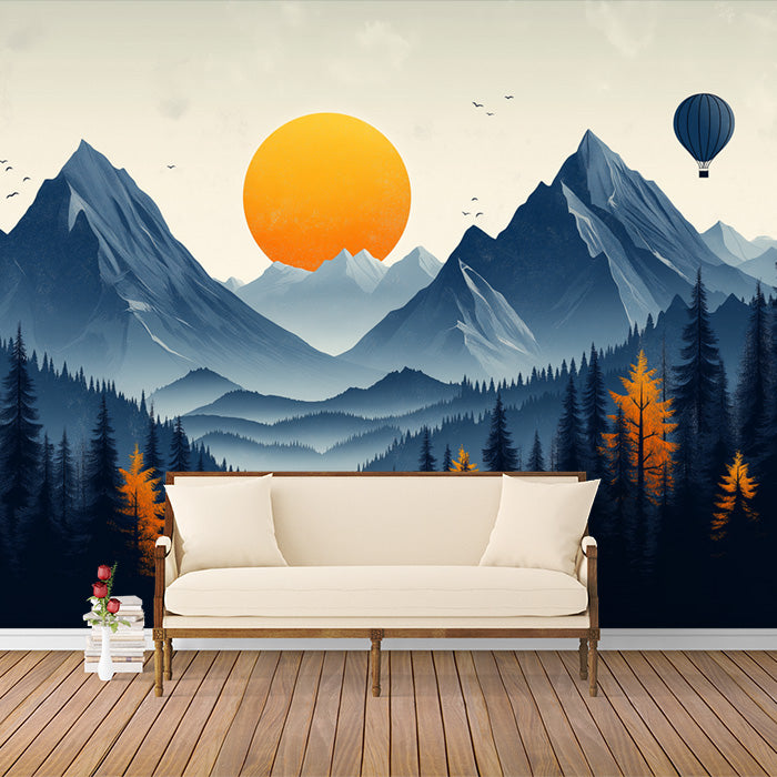 Póster de pared de atardecer en la montaña con globos aerostáticos para un salón | Montaña naranja, azul, gris y verde -1