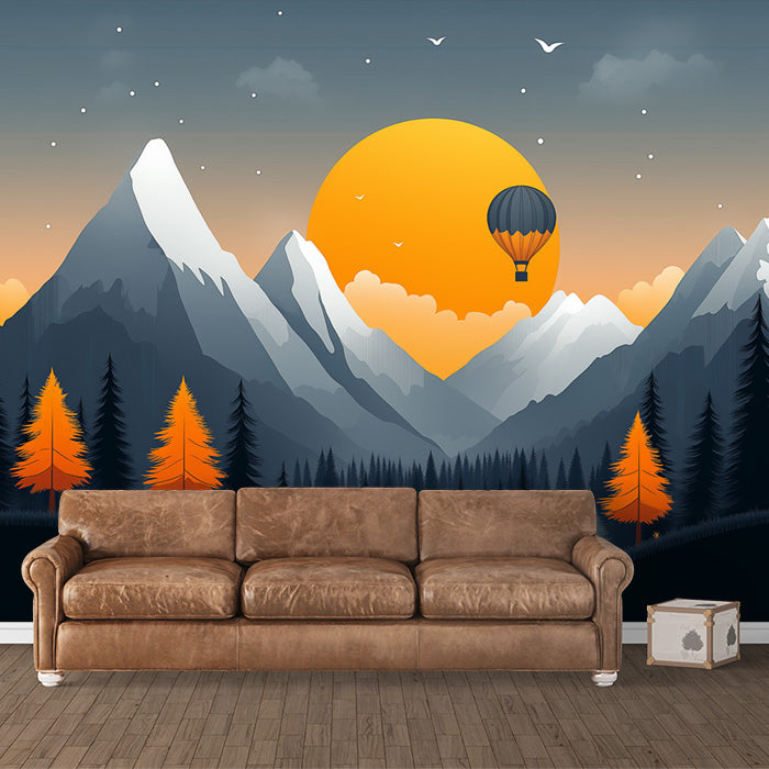 Paisaje de montaña con globos de aire caliente | Papel tapiz mural en tonos naranja, azul, gris y verde.