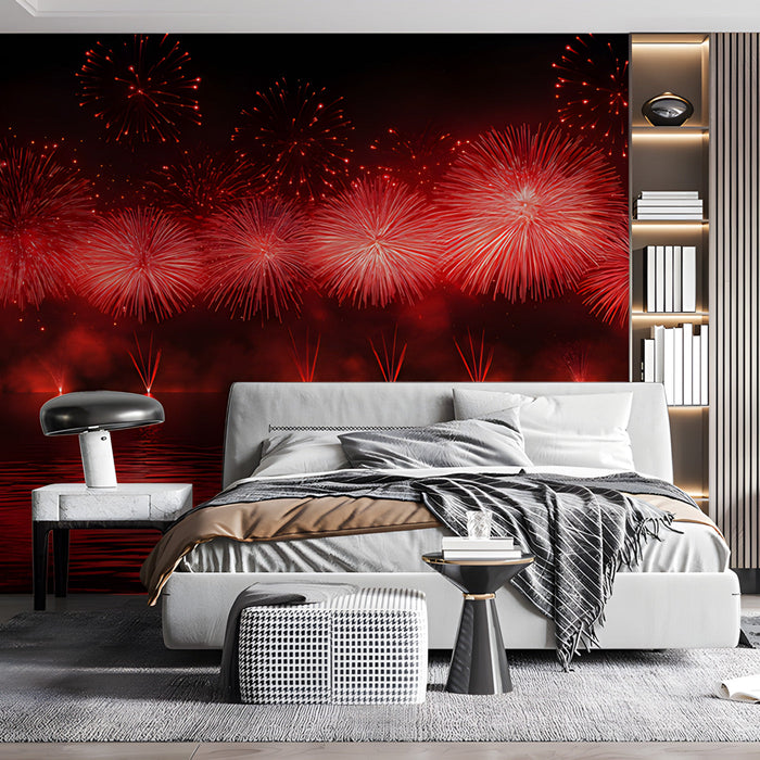 Red Fireworks Bedroom Mural Wallpaper | Dramatic Festive Decoration