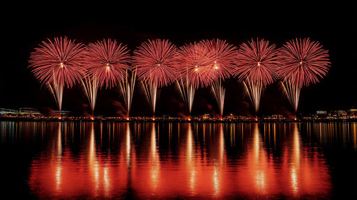 Red Fireworks Over Water Bedroom Mural Wallpaper | Dramatic Serene Decoration