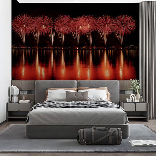 Red Fireworks Over Water Bedroom Mural Wallpaper | Dramatic Serene Decoration