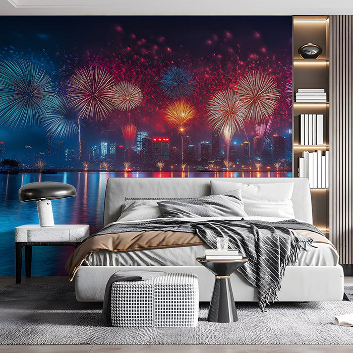 Multicolored Fireworks Over Water Living Room Mural Wallpaper | Lively Festive