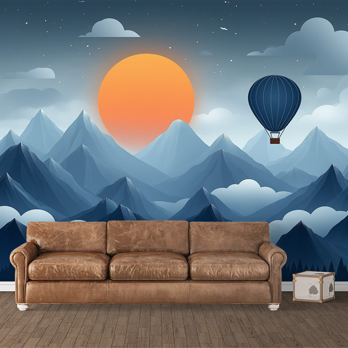 Papier peint mural de coucher de soleil sur la montagne avec des ballons à air chaud pour une salle de lecture | Montagnes orange, bleue, grise et verte