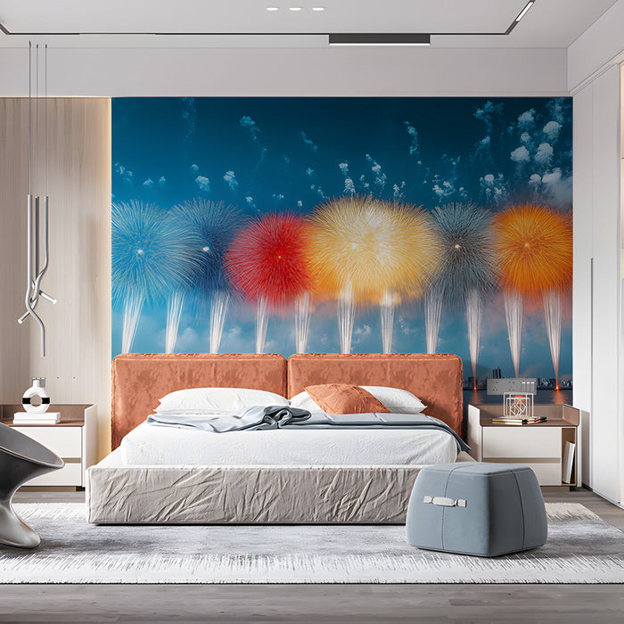 Multicolored Fireworks Over Water Living Room Mural Wallpaper | Lively Festive Decoration