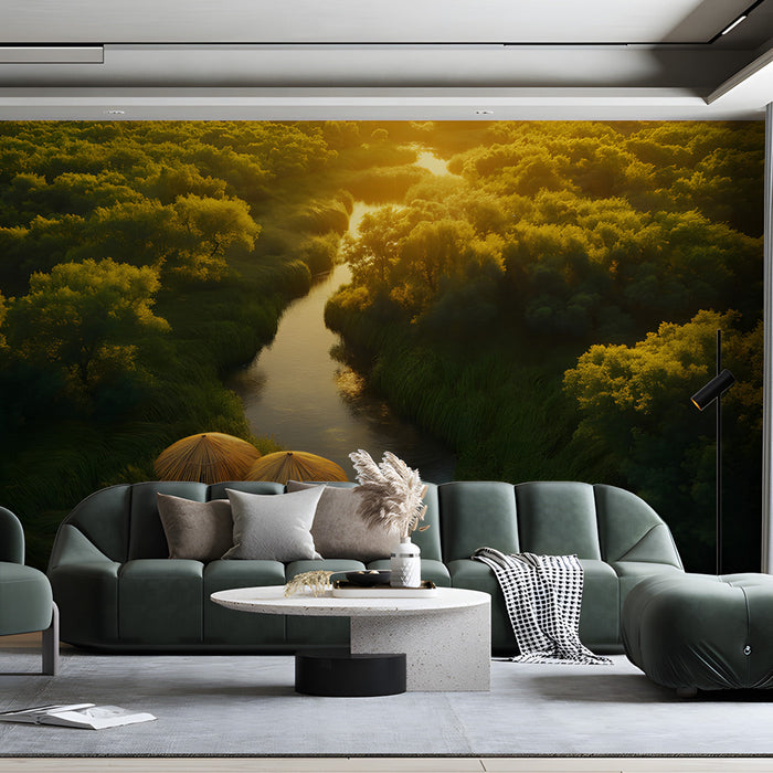 Sunlit Forest River Living Room Mural Wallpaper | Tranquil Natural Decoration