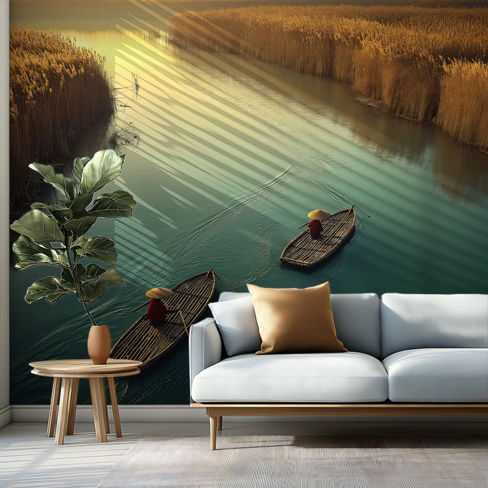 River Fishing at Dusk Living Room Mural Wallpaper | Peaceful Natural Decoration