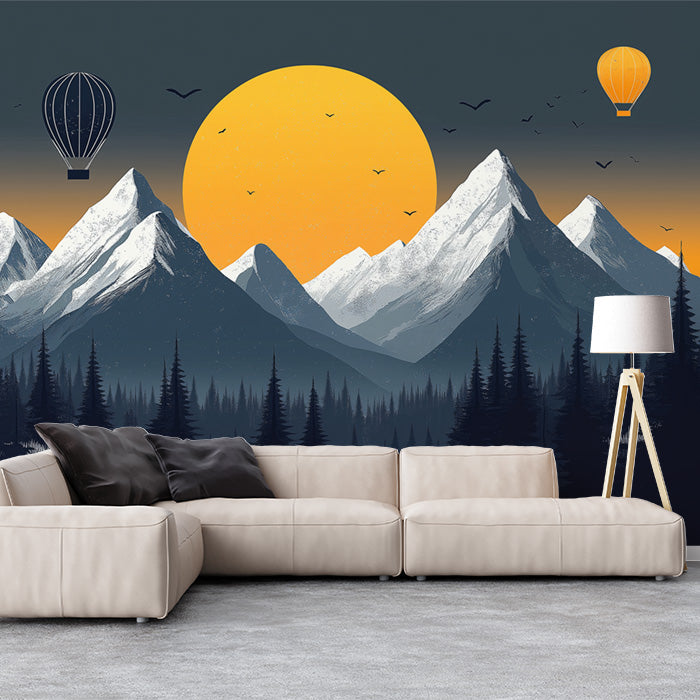 Snowy Mountain Sunset with Hot Air Balloons Mural Wallpaper for a living room | Orange, Blue, Gray and Green Mountain
