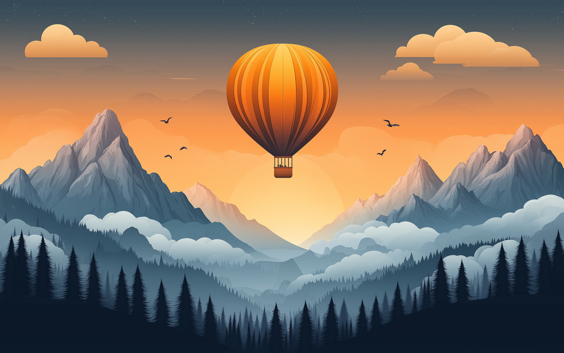 Póster de pared de un atardecer en la montaña con globos aerostáticos para la habitación de un niño o adolescente | Montañas naranjas, azules, grises y verdes