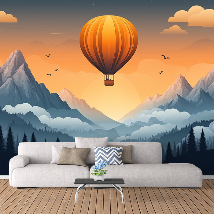 Póster de pared de un atardecer en la montaña con globos aerostáticos para la habitación de un niño o adolescente | Montañas naranjas, azules, grises y verdes