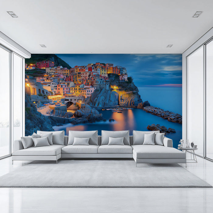 Coastal Village Sunset Mural Wallpaper | Vivid Peaceful Decoration