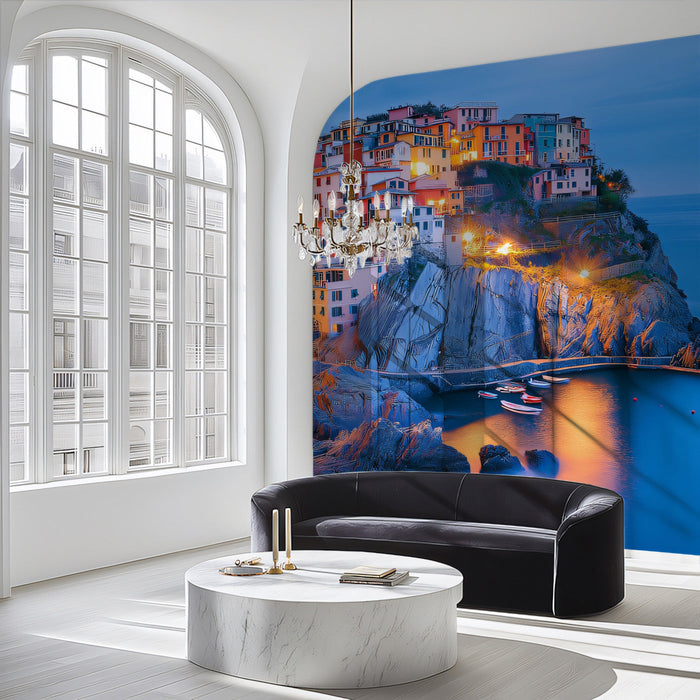 Coastal Village Sunset Mural Wallpaper | Vivid Peaceful Decoration