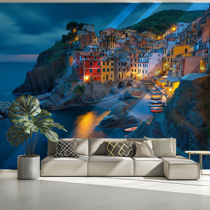 Coastal Cliffside Village Mural Wallpaper | Dramatic Coastal Decoration