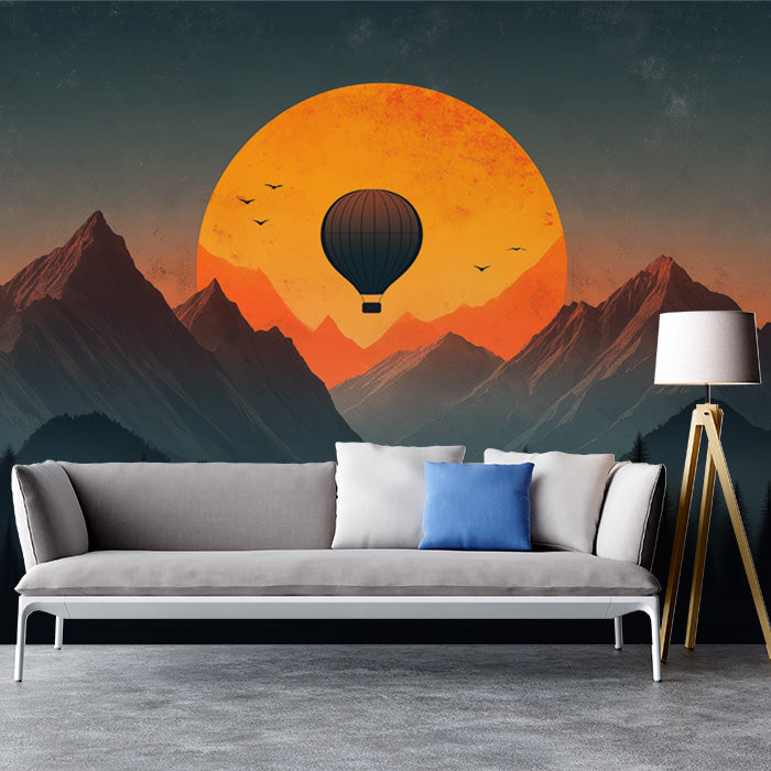 Póster de pared de atardecer en la montaña con globos aerostáticos para un salón de oficina o hotel | Montaña naranja, azul, gris y verde -6