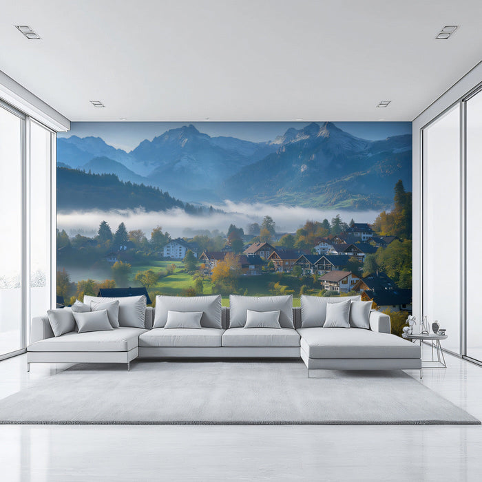 Mountain Village Misty Mural Wallpaper | Tranquil Mystical Decoration