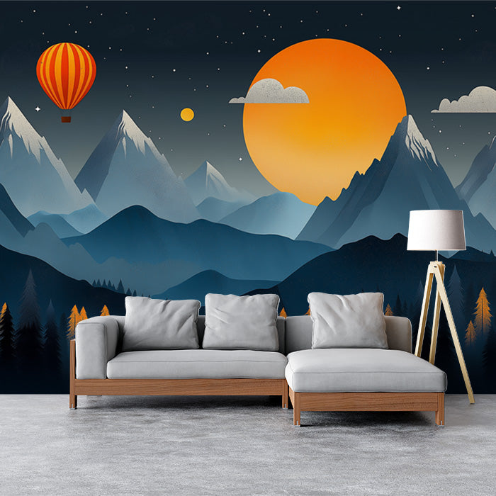 Póster mural de atardecer en la montaña con globos aerostáticos para un baño | Naranja, azul, gris y verde montaña
