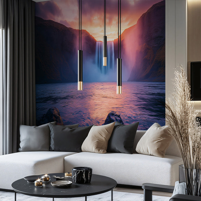 Purple Mountain Waterfall Living Room Mural Wallpaper | Majestic Tranquility