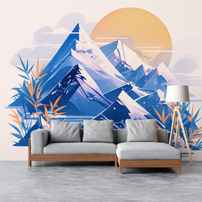 Papel tapiz mural de montaña azul y sol | Montaña azul, naranja y blanca