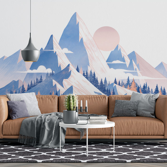 Blue Mountain and Sun Mural Wallpaper for a living room | Blue, Orange and White Mountain