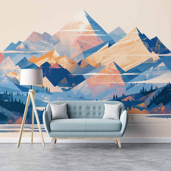 Blue Mountain and Sun Mural Wallpaper for a study | Blue, Orange and White Mountain