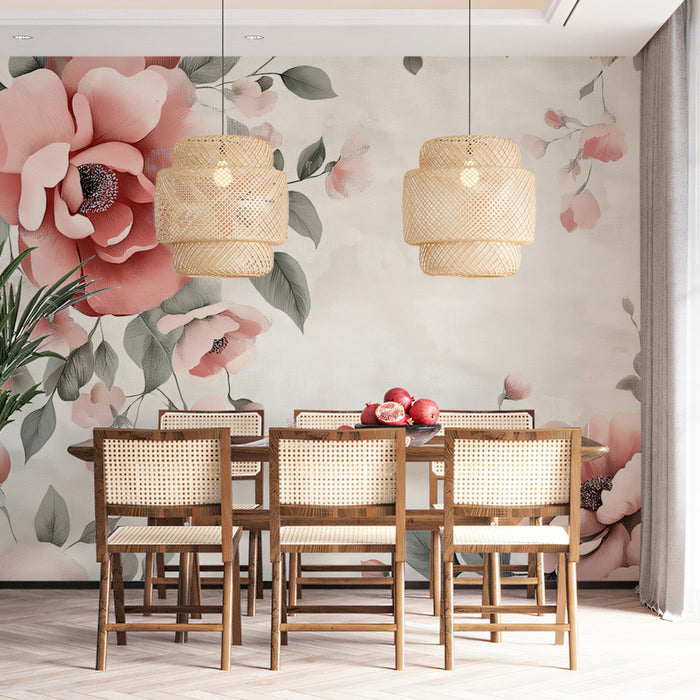 Pink Floral Dining Mural Wallpaper | Soft Romantic Decoration