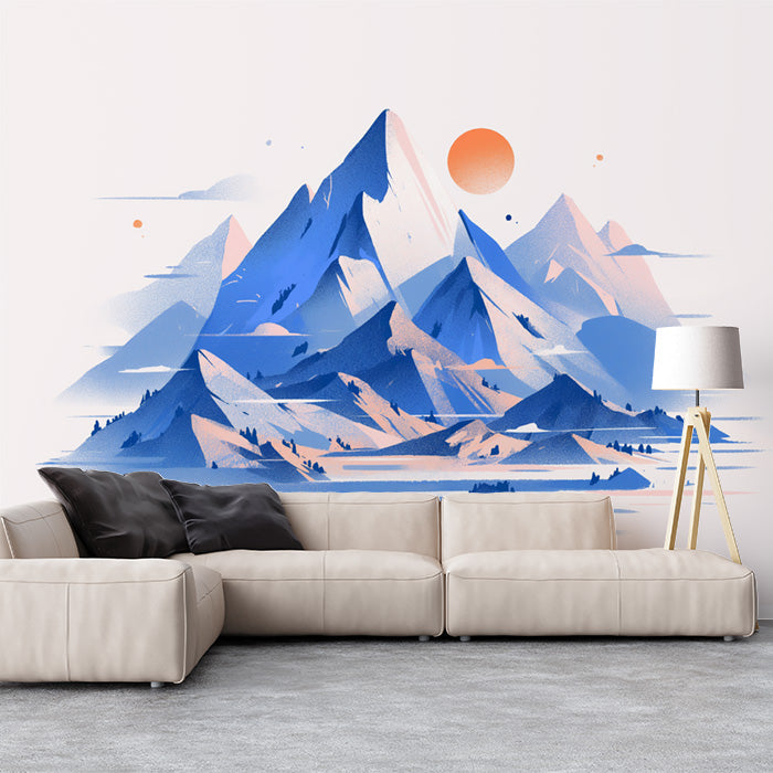 Blue Mountain and Sun Mural Wallpaper for a living room | Blue, Orange and White Mountain -3