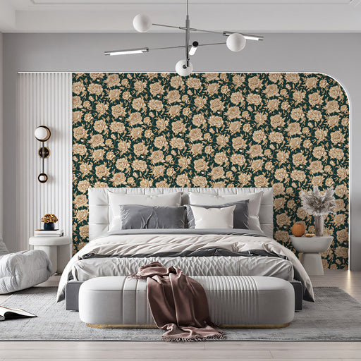 Golden Floral Bedroom Mural Wallpaper | Luxurious Warm Decoration