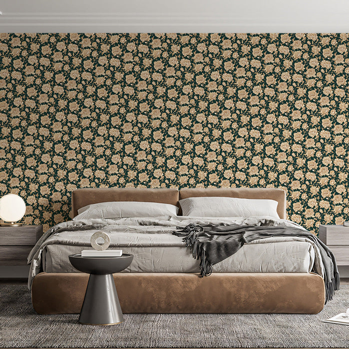 Golden Floral Bedroom Mural Wallpaper | Luxurious Warm Decoration