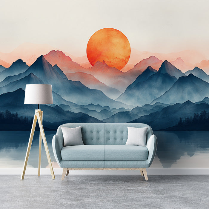 Papel tapiz mural de puesta de sol en la montaña para una sala de lectura | Puesta de sol en naranja, rojo, azul y gris
