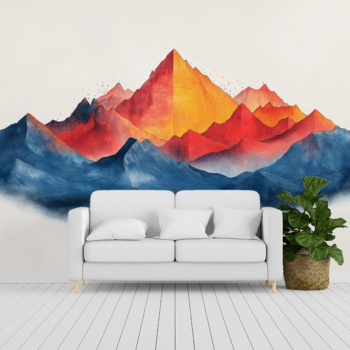 Papel tapiz mural de puesta de sol en la montaña para una sala de estar | Puesta de sol en naranja, rojo, azul y gris