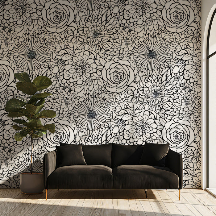 Monochrome Floral Intricate - Modern Wallpaper for Living Rooms