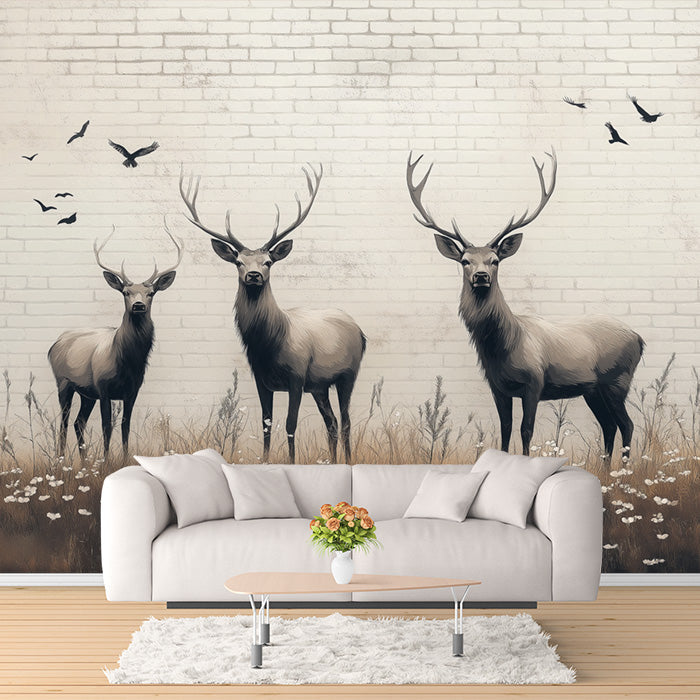 Mural de ciervos en el campo con pared de ladrillos | Ciervos beige marrón negro y blanco