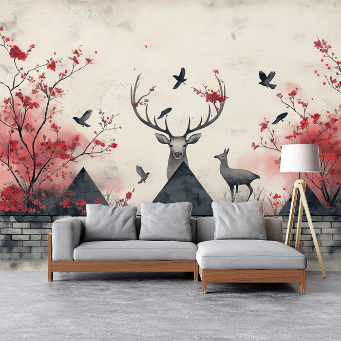 Papier peint mural avec tête de cerf et roses | Cerf blanc, gris, rouge et marron -1