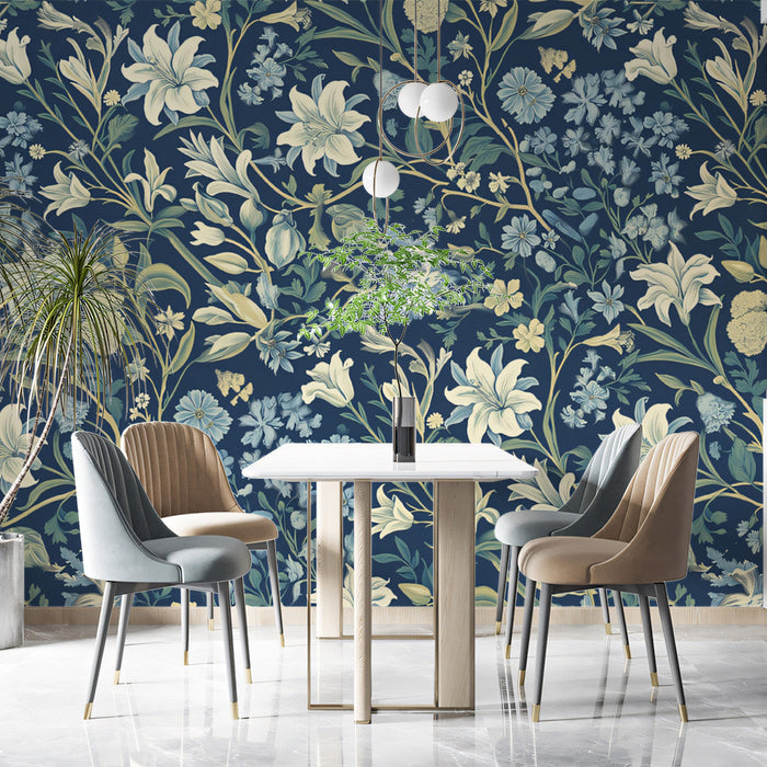 Navy Blue & Creamy Floral Pattern - Luxurious Wallpaper for Dining Rooms