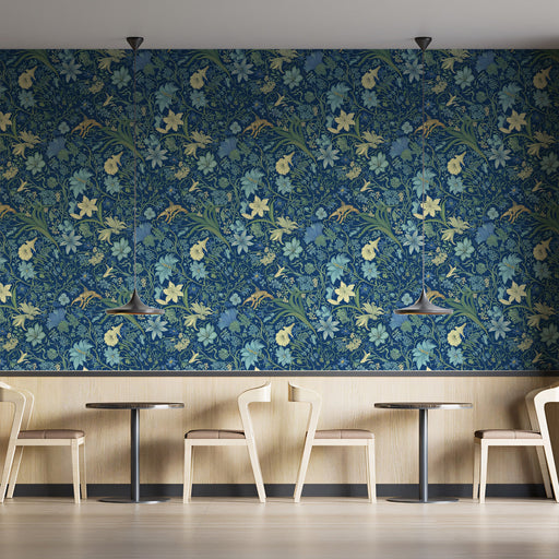 Deep Blue & Yellow Floral Pattern - Enchanting Wallpaper for Cafes or Restaurants