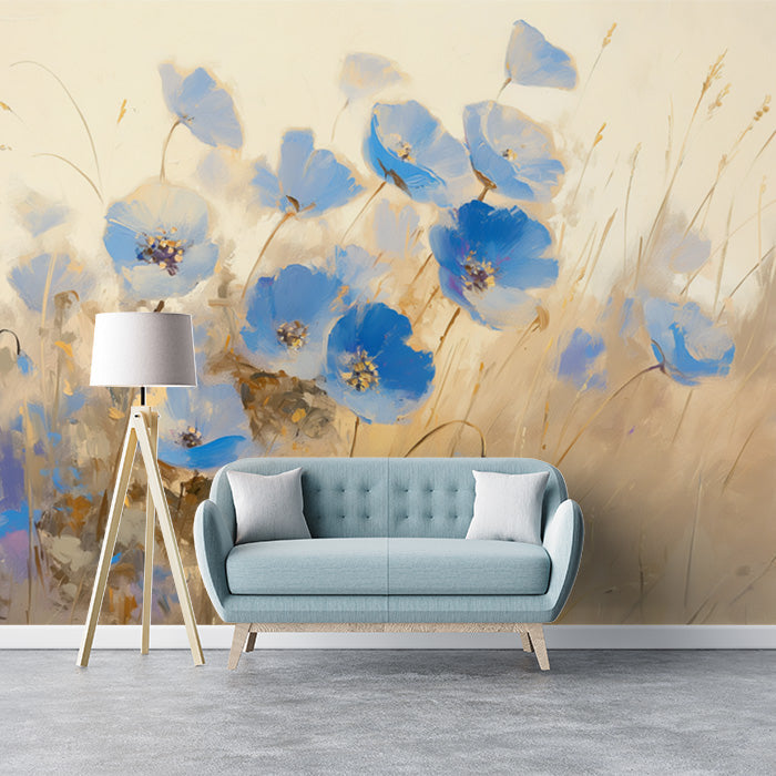Papel tapiz mural de campo de flores azules | Azul beige y flor marrón