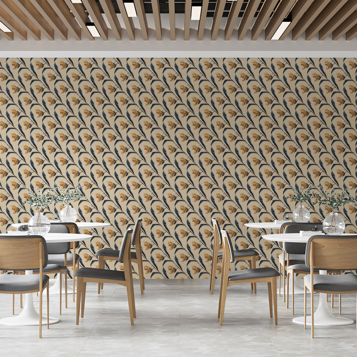 Beige & Blue Floral - Retro Wallpaper for Restaurants or Cafes