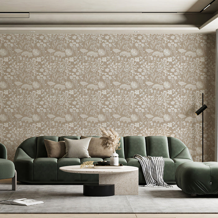 Taupe & White Botanical Pattern- Serene Wallpaper for Living Rooms