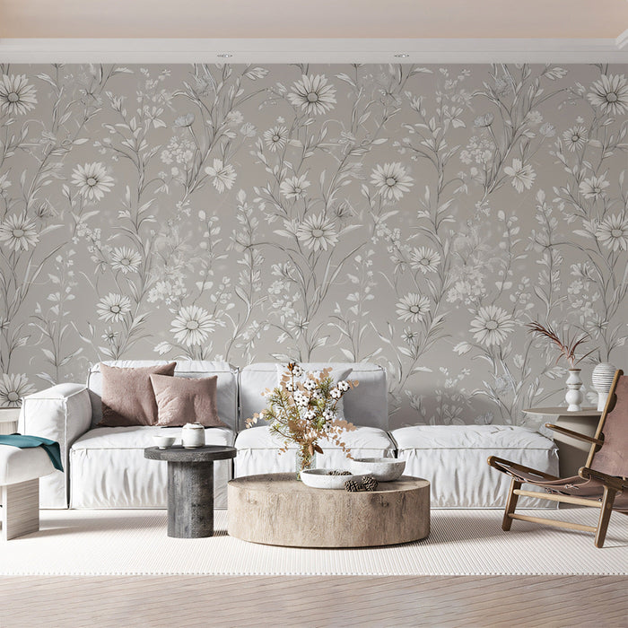 Light Gray & White Daisy Pattern - Subtle Wallpaper for Living Rooms