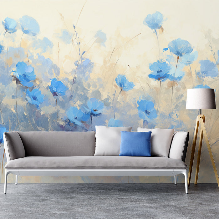 Carta da parati murale con campo di fiori blu | Blu beige e fiore marrone